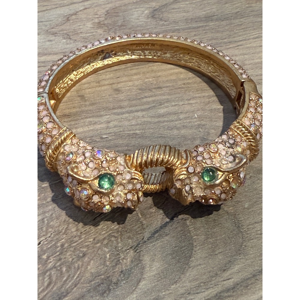 Vintage J.Crew Pink Crystal Double Panther Head Hinged Cuff Bracelet